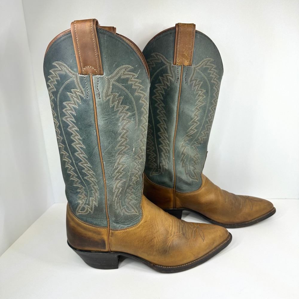 Justin L4926 Vintage Western Boots Tan Teal Leather Pointed Toe Womens 7 B USA